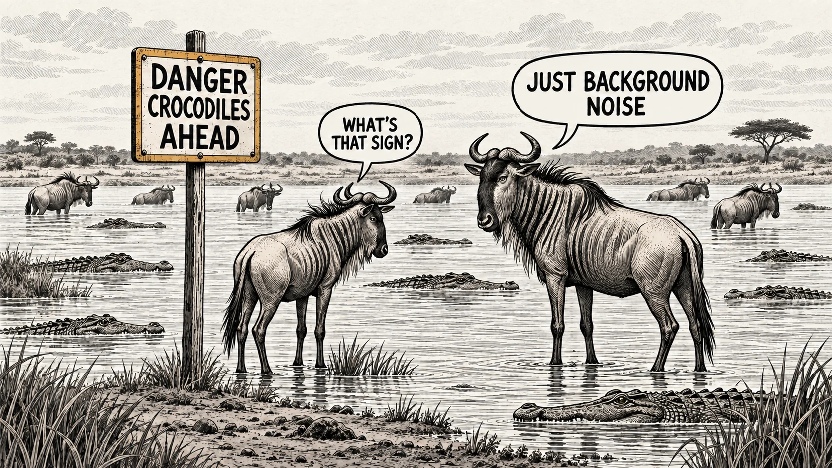 Two wildebeest stand among crocodiles beside a sign reading "Danger crocodiles ahead." One asks, "What's that sign?" The other replies, "Just background noise."